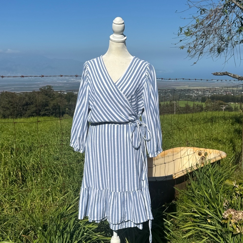 Tommy Hilfiger Women Blue White Striped V-Neck Wrap Dress Preppy Xl